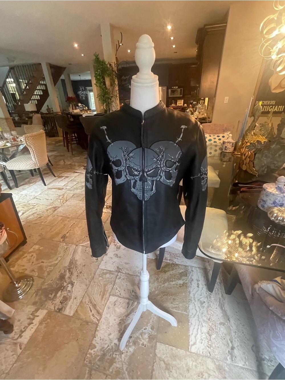 First Racing Black Leather Jacket with Gray Skull Motif